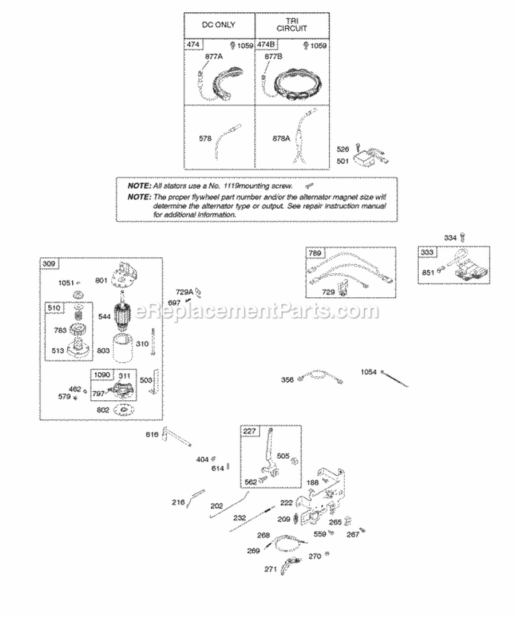 Alternator Controls Electric Starter Governor Spring Ignition Diagram and Parts List for 28CH77-0036-E1  Briggs and Stratton Engine
